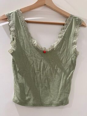 Lace-Trim Ribbed Tank Top - Sage Green
